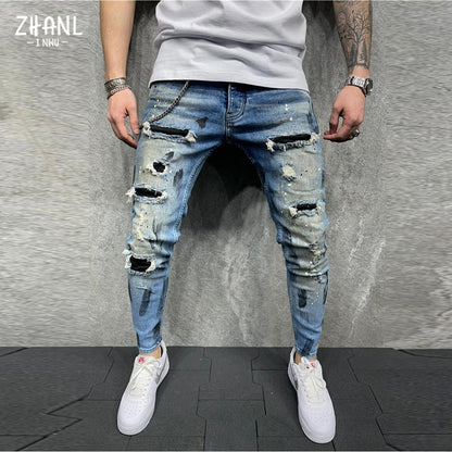 Street Fashion Jeans Skinny Slim fit Ripped Stretch Jeans Man Hole Patchwork Casual Denim