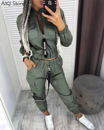 Long Sleeve Zipper Tops Pants Streetwear Track Suit Casual Women Set 2 Pieces