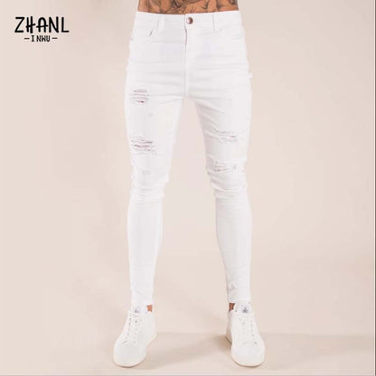 Street Fashion Jeans Skinny Slim fit Ripped Stretch Jeans Man Hole Patchwork Casual Denim