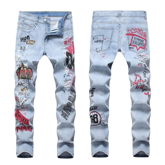 High Street Fashion Light Colored Hole Jeans 3D Printed Stretch Denim Pants  Men Slim Spring Summer Trousers