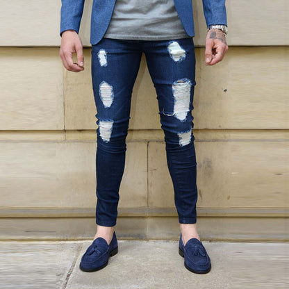 Street Fashion Jeans Skinny Slim fit Ripped Stretch Jeans Man Hole Patchwork Casual Denim