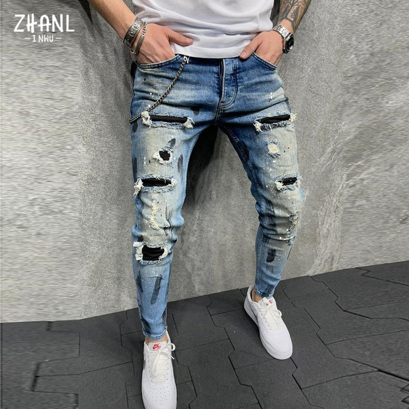 Street Fashion Jeans Skinny Slim fit Ripped Stretch Jeans Man Hole Patchwork Casual Denim