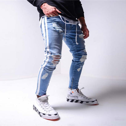 Street Fashion Jeans Skinny Slim fit Ripped Stretch Jeans Man Hole Patchwork Casual Denim