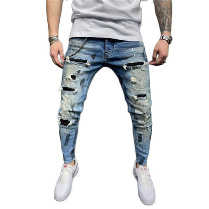 Street Fashion Jeans Skinny Slim fit Ripped Stretch Jeans Man Hole Patchwork Casual Denim