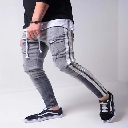 Street Fashion Jeans Skinny Slim fit Ripped Stretch Jeans Man Hole Patchwork Casual Denim