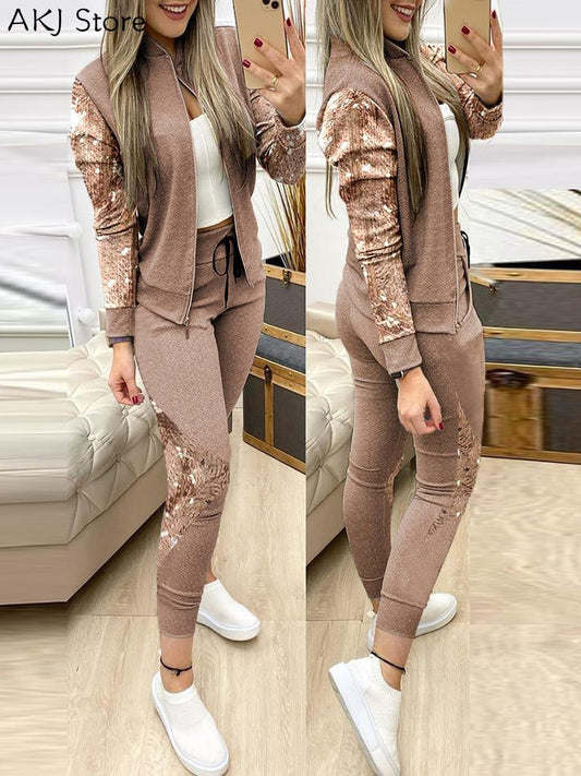 Women Sets Sequins Zipper Design Coat &amp; Drawstring Pants Set