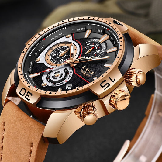 Mens Watches Top Brand Luxury Casual Leather Quartz Clock Male Sport Waterproof Watch Gold Watch for Men
