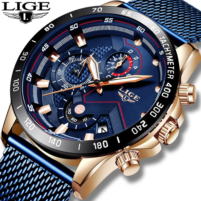 Men Fashion Blue Watch For Men Luxury Quartz Mens Watches Waterproof Sport Chronograph