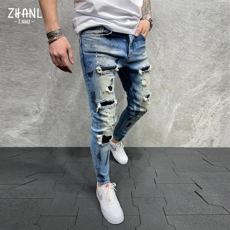 Street Fashion Jeans Skinny Slim fit Ripped Stretch Jeans Man Hole Patchwork Casual Denim