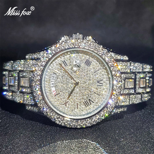 Luxury Ice Out Diamond Watch Multifunction Day Date Adjust Calendar Quartz Watches For Men