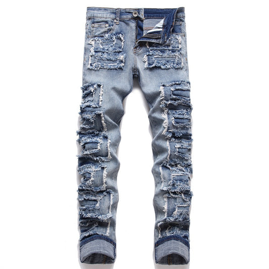 Trend Blue Hole Slim Seans Autumn Stickers Fashion Biker Pencil Pants Mid-Waists Casual Men Clothing