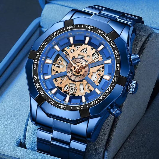 Mens Watches Top Brand Luxury Stainless Steel Waterproof Hollow Out Blue Big Male Wristwatches