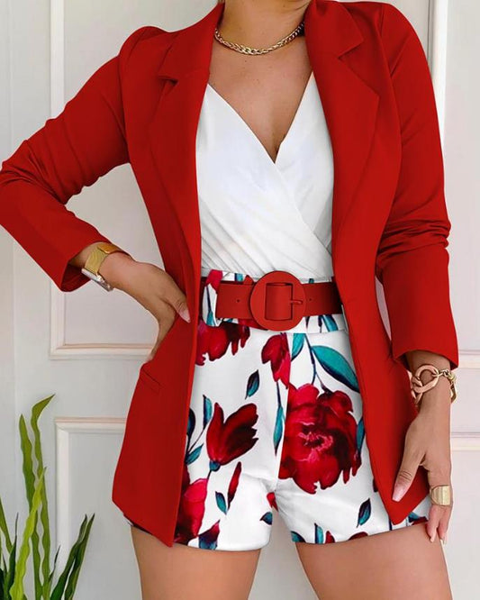 Long Sleeve Blazer &amp; Floral Print Shorts Set with Belt Women Casual New Fashion 2023 Female Clothing Outfits Suit