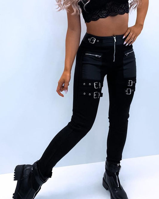 Women Solid Color Fashion Casual Pants Sexy Eyelet Buckled High Waist Zipper Design Pencil Pants Trousers
