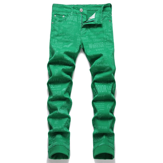 New Summer Street Men Jeans Digital Print Green Slim Trousers Mid-Waist Casual Hip Hop Clothing