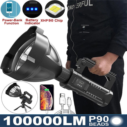 P90 Portable Powerful LED Flashlight Mountable Bracket Handheld Searchlight USB Rechargeable Spotlight Waterproof