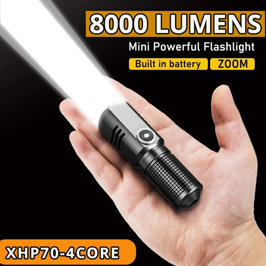Powerful Led Flashlight XHP70 4 CoreBuilt in Battery Shot Long Smart Type-c Rechargeable Flash Light EDC