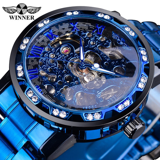 Transparent Diamond Mechanical Watch Blue Stainless Steel Skeleton Watch Top Brand Luxury Business Luminous Male Clock