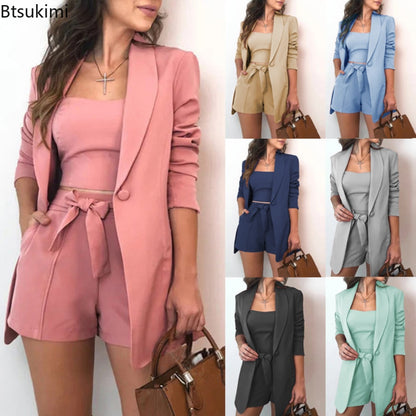 Women Blazer Sets for Office Formal Ladies OL Shorts Top Sets Solid Top Blazer Coat Shorts Sets Elegant 3 Piece Sets Female