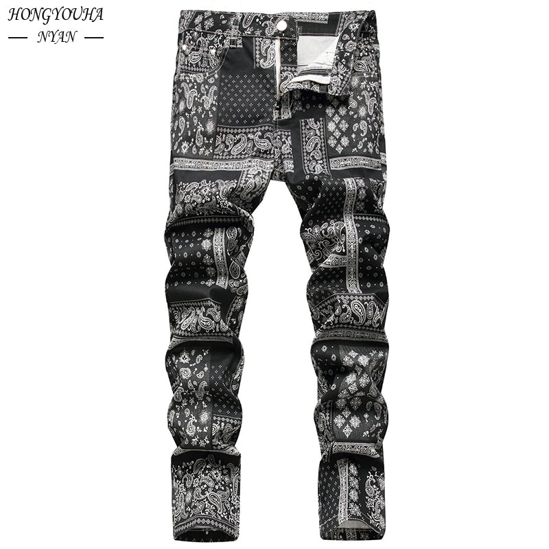 Autumn Printed Paisley Mens Jeans Fashion Classic Daily Regular Fit Casual Stretch Pants Male Loose jeans hombre Trousers