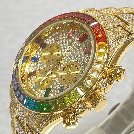 Luxury Brand Gold Watches Men Fashion Rainbow Diamond Waterproof Smart Watch Full Steel Sports Clocks