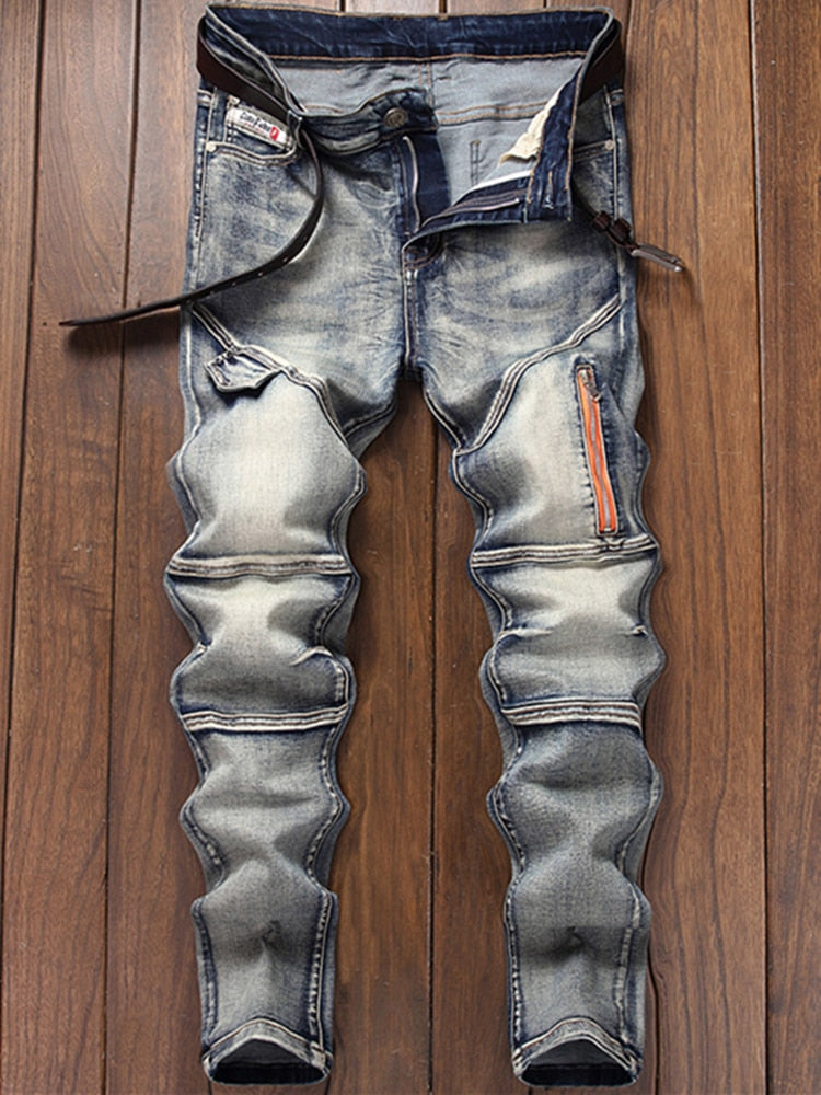 New Retro Men Stitching Simple Jeans Personality Mid-Waist Slacks Fashion Zipper Motorcycle Hip Hop  Clothing