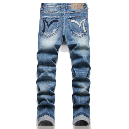 2023 Style Blue Embroidery Slim Stretch Jeans Men Mid-Waist Classic Style Pencil Pants Fashion Scratch Clothing