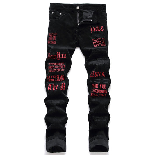 New Style Men Black Jeans Corduroy Casual Letter Embroidered Fashion Trousers Mid-Waist