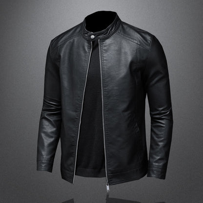 Leather Jacket Men Stand Collar Motorcycle Causal Coat