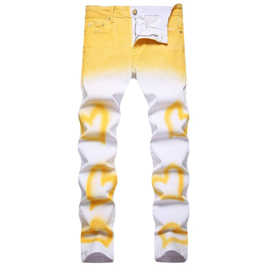 New 2023 Summer Street Personality Fashion Hand-Painted Jeans Men Mid-Waist Elastic Slim Pencil Pants Match Color Casual Pants