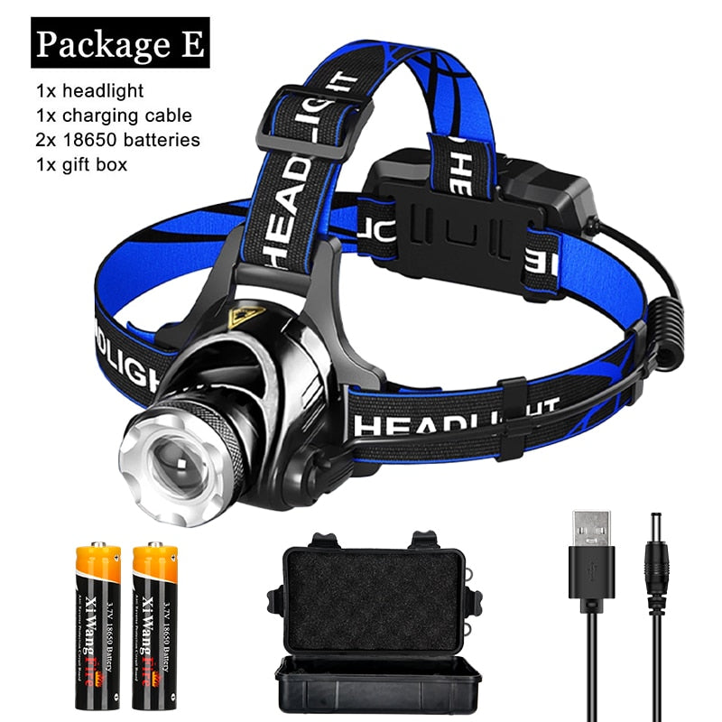 Headlights 18650 High Powerful Flashlight Lantern Headlamp Led Rechargable Torch Lamp Tourism T6 12000 lum