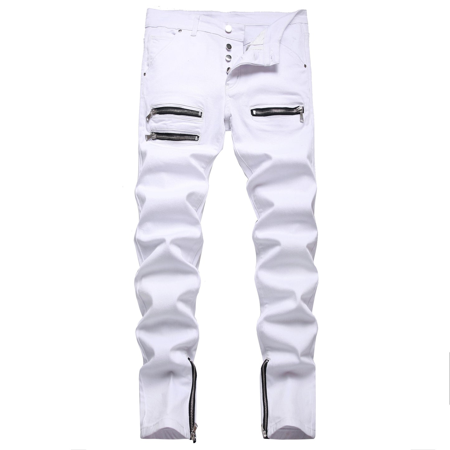 Punk Jeans Men Zipper Hip Hop Slim Fit White Bike Jeans Elastic Split Denim Pants Cotton Fashion