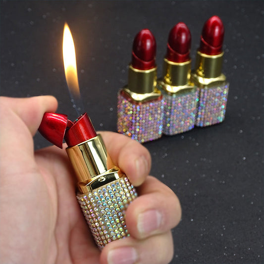 New Diamond Lipstick Lighter Butane Gas Inflatable Women's Pink Water Diamond Portable Lighter High end Creative Women's Gift