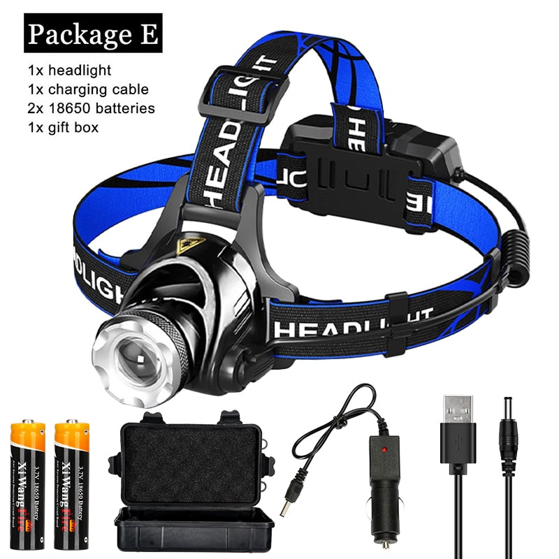 Headlights 18650 High Powerful Flashlight Lantern Headlamp Led Rechargable Torch Lamp Tourism T6 12000 lum